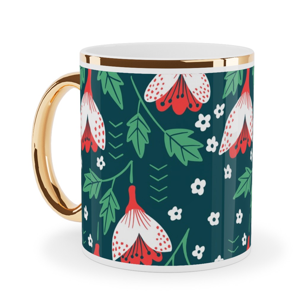 Christmas Flowers Ceramic Mug, Gold Handle,  , 11oz, Green