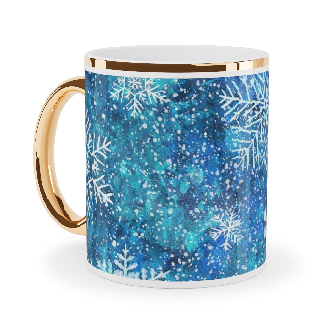Whinsical Snowflakes Handpainted With Watercolors - Blue Ceramic Mug, Gold Handle,  , 11oz, Blue