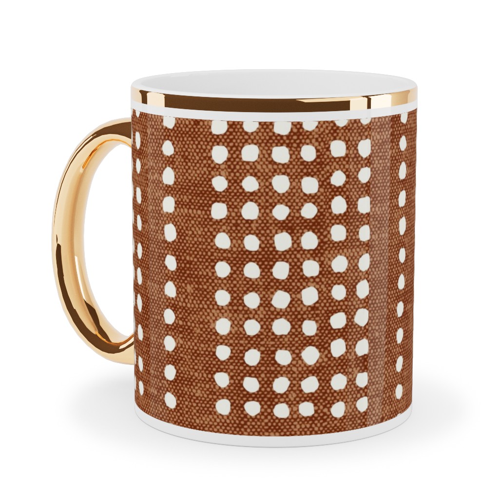 Dotty Boho Geometric - Ginger Ceramic Mug, Gold Handle, , 11oz, Orange, Orange