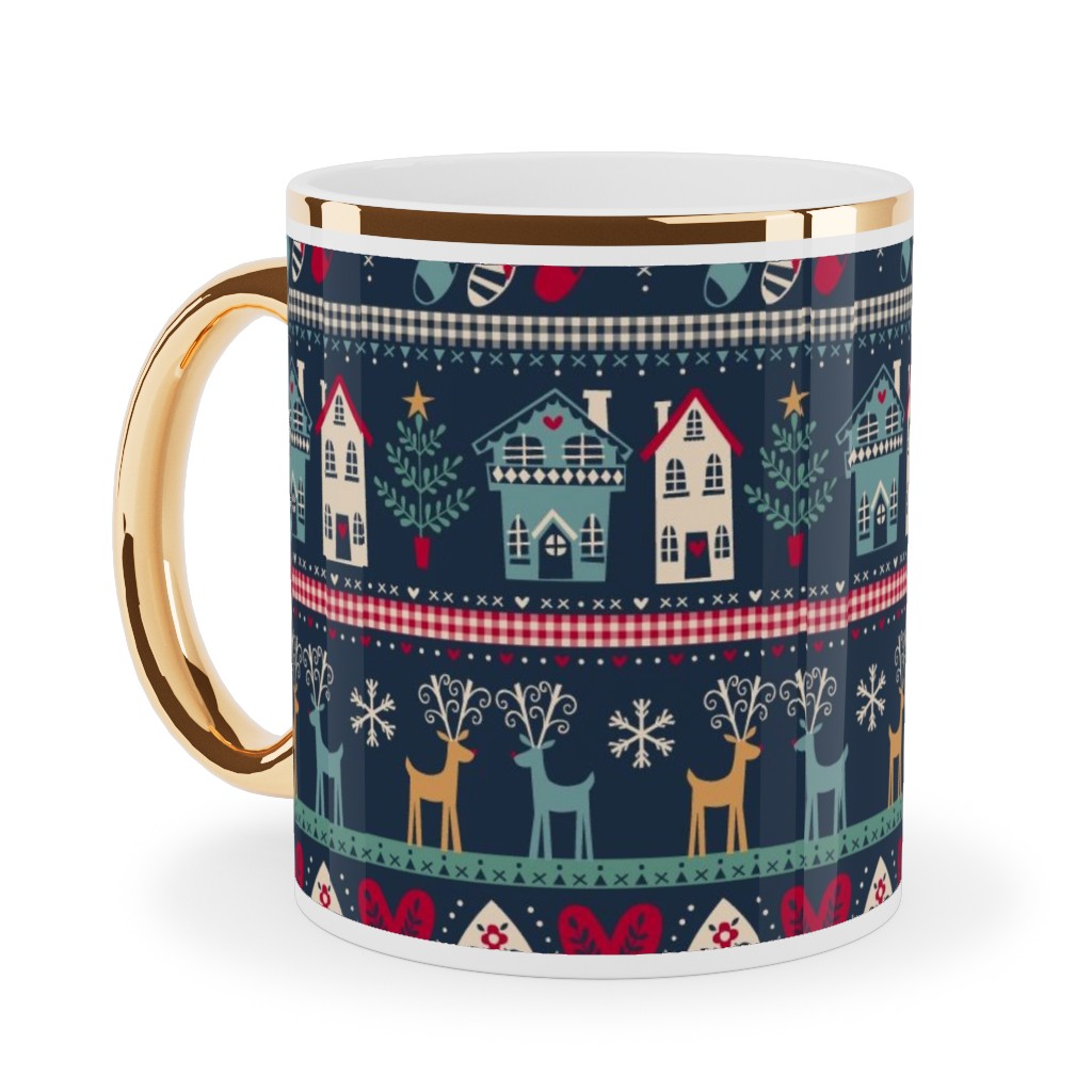 Nordic Vintage Christmas Ceramic Mug, Gold Handle, , 11oz, Multicolor, Park Night
