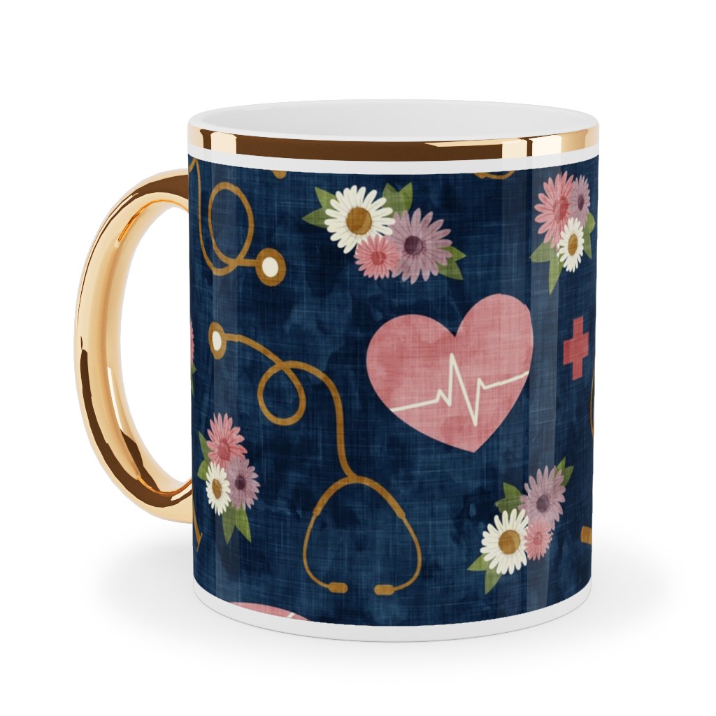 Floral Nurse Melody - Nursing - Blue Ceramic Mug, Gold Handle,  , 11oz, Pink