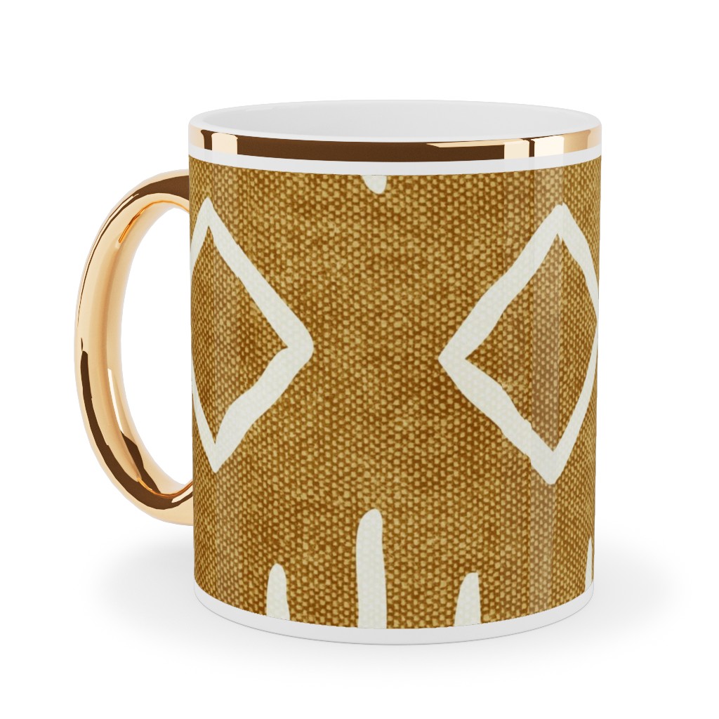 Diamond Mud Cloth Ceramic Mug, Gold Handle, , 11oz, Yellow, Golden