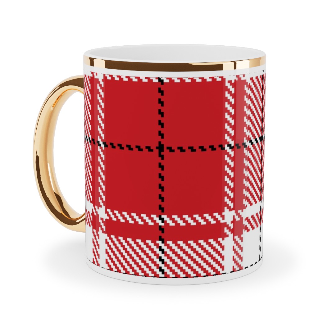 Tartan - White and Red Ceramic Mug, Gold Handle,  , 11oz, Red
