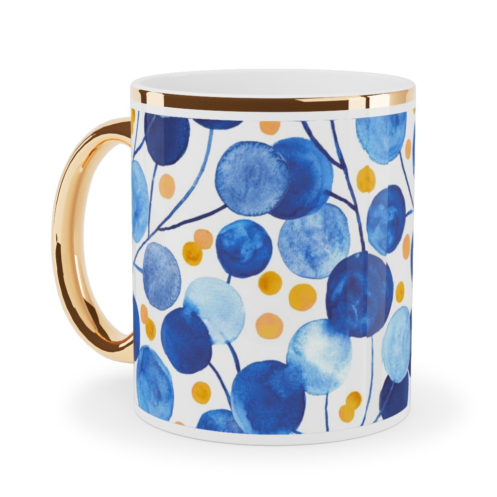 Pompom Plants - Cobalt & Gold Ceramic Mug, Gold Handle,  , 11oz, Blue