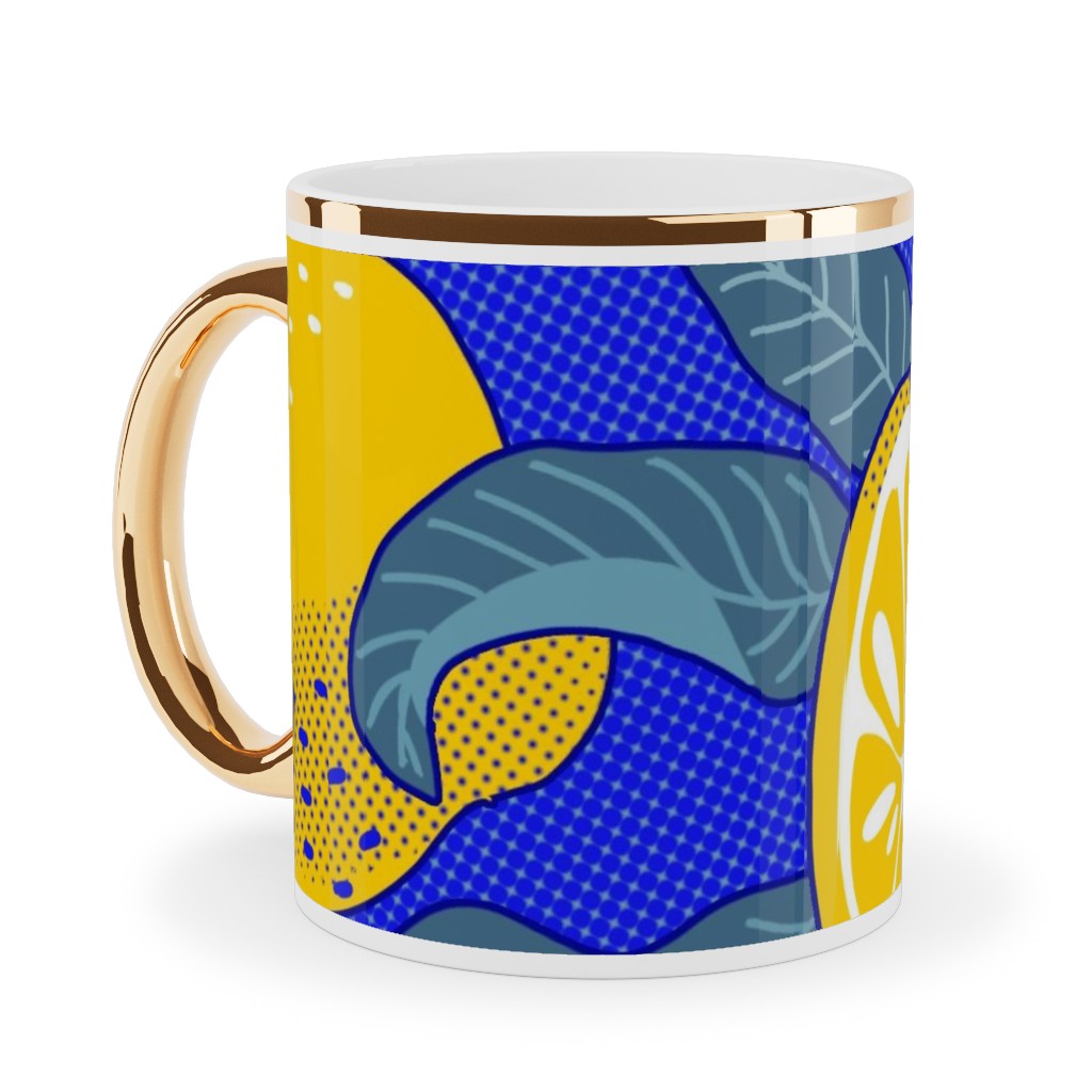 Lemons Pop Art - Blue and Yellow Ceramic Mug, Gold Handle,  , 11oz, Yellow