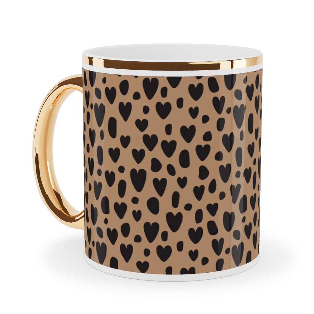 Leopard Hearts - Brown Ceramic Mug, Gold Handle,  , 11oz, Brown