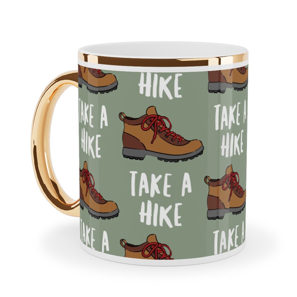 Hiking, Take a Hike - Green Ceramic Mug, Gold Handle,  , 11oz, Green