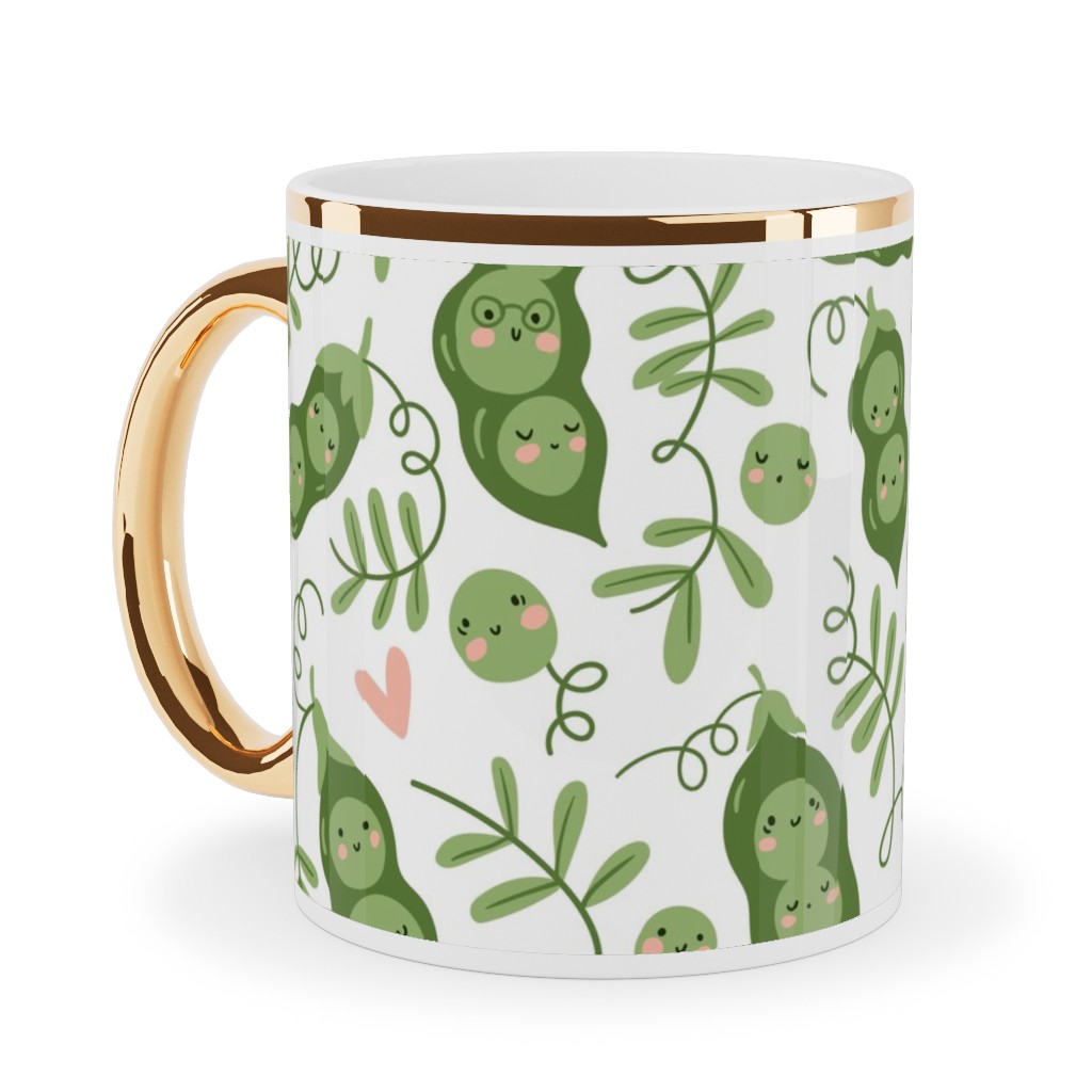 Cute Peas - Green Ceramic Mug, Gold Handle,  , 11oz, Green