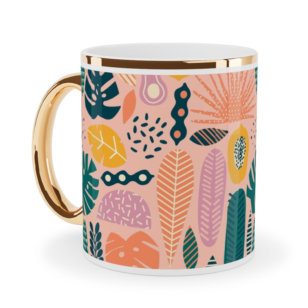 Hawaii Floral - Pink Ceramic Mug, Gold Handle,  , 11oz, Multicolor