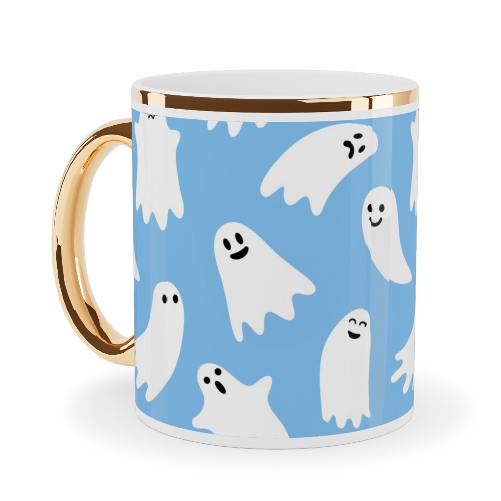 Cute Ghosts - Blue Ceramic Mug, Gold Handle,  , 11oz, Blue