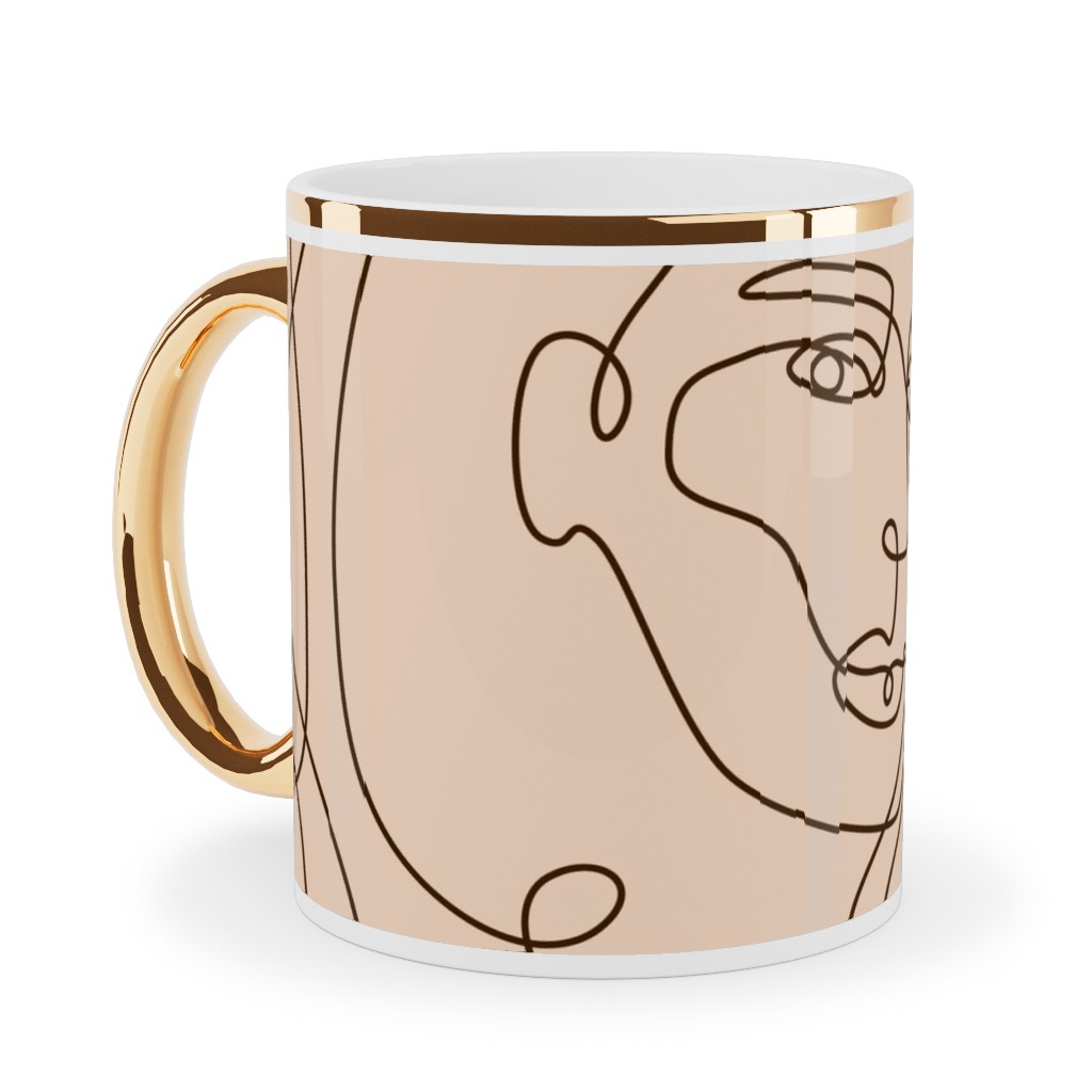 Hand Drawn Women Ceramic Mug, Gold Handle,  , 11oz, Beige