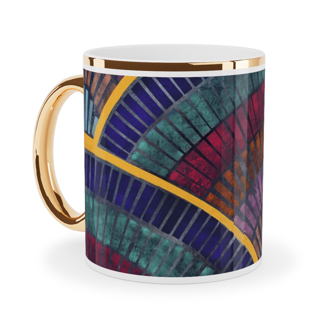 Moody Art Deco Tile - Dark Ceramic Mug, Gold Handle, , 11oz, Multicolor