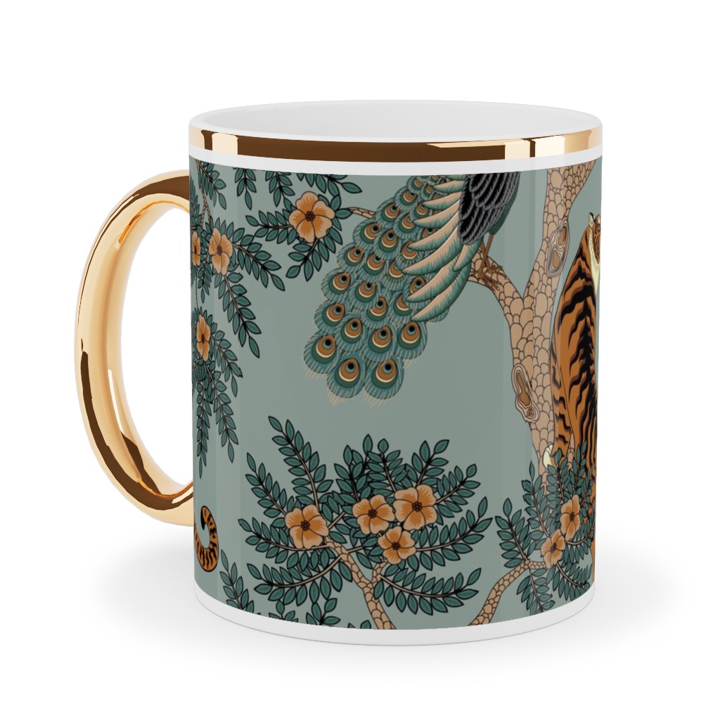 Tiger and Peacock - Blue Ceramic Mug, Gold Handle, , 11oz, Blue, True Blue