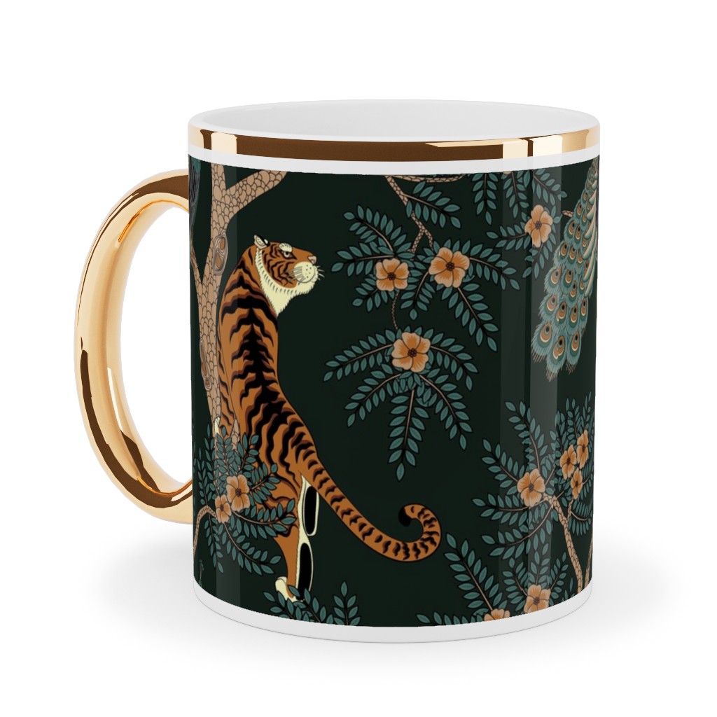 Tiger and Peacock - Black Ceramic Mug, Gold Handle,  , 11oz, Black