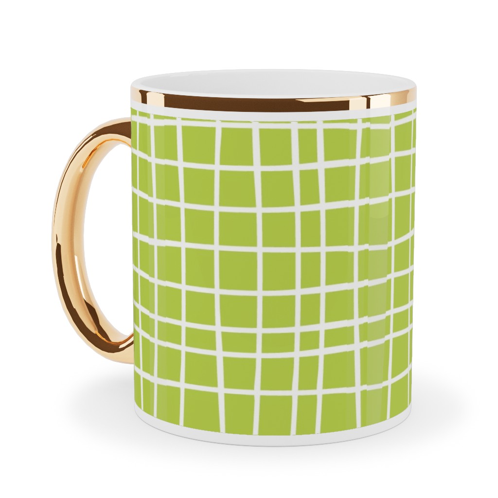 Wavy Grid Ceramic Mug, Gold Handle, , 11oz, Green, Lime
