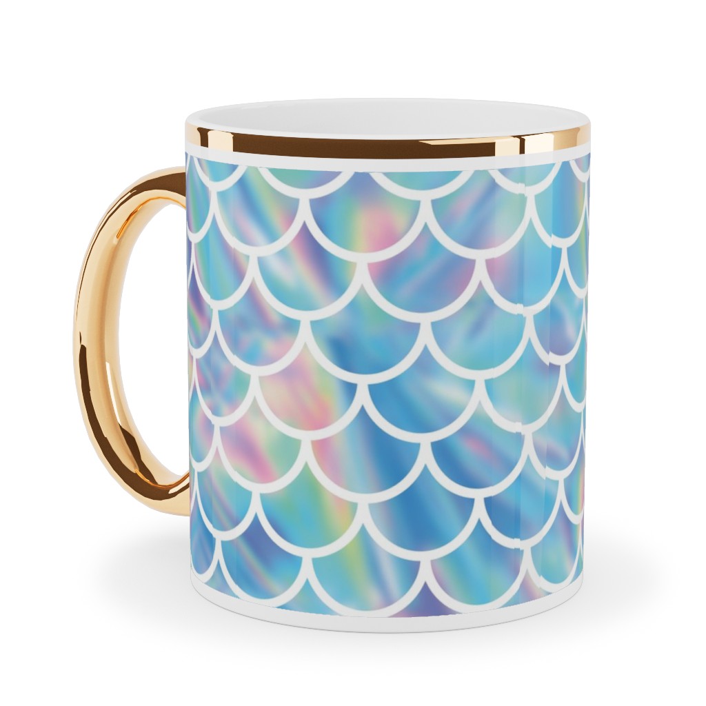Mermaid Scales - Blue Ceramic Mug, Gold Handle, , 11oz, Blue, True Blue