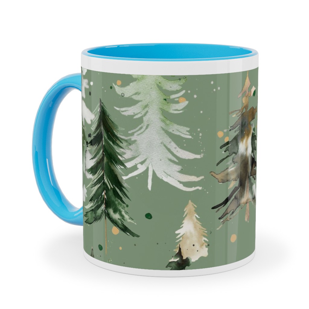 Watercolor Pines and Spruces Christmas - Green Ceramic Mug, Light Blue, , 11oz, Green, Classic Green