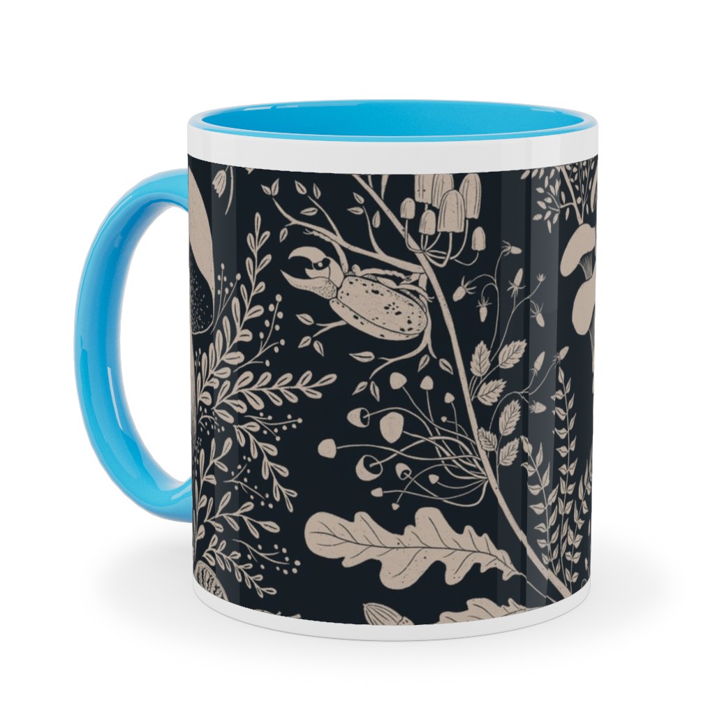 Mushroom Forest Damask - Dark Ceramic Mug, Light Blue, , 11oz, Black, Black