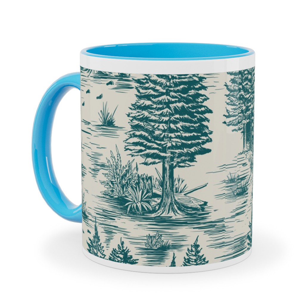 Bigfoot Sasquatch Toile De Jouy Ceramic Mug, Light Blue, , 11oz, Green, Wave