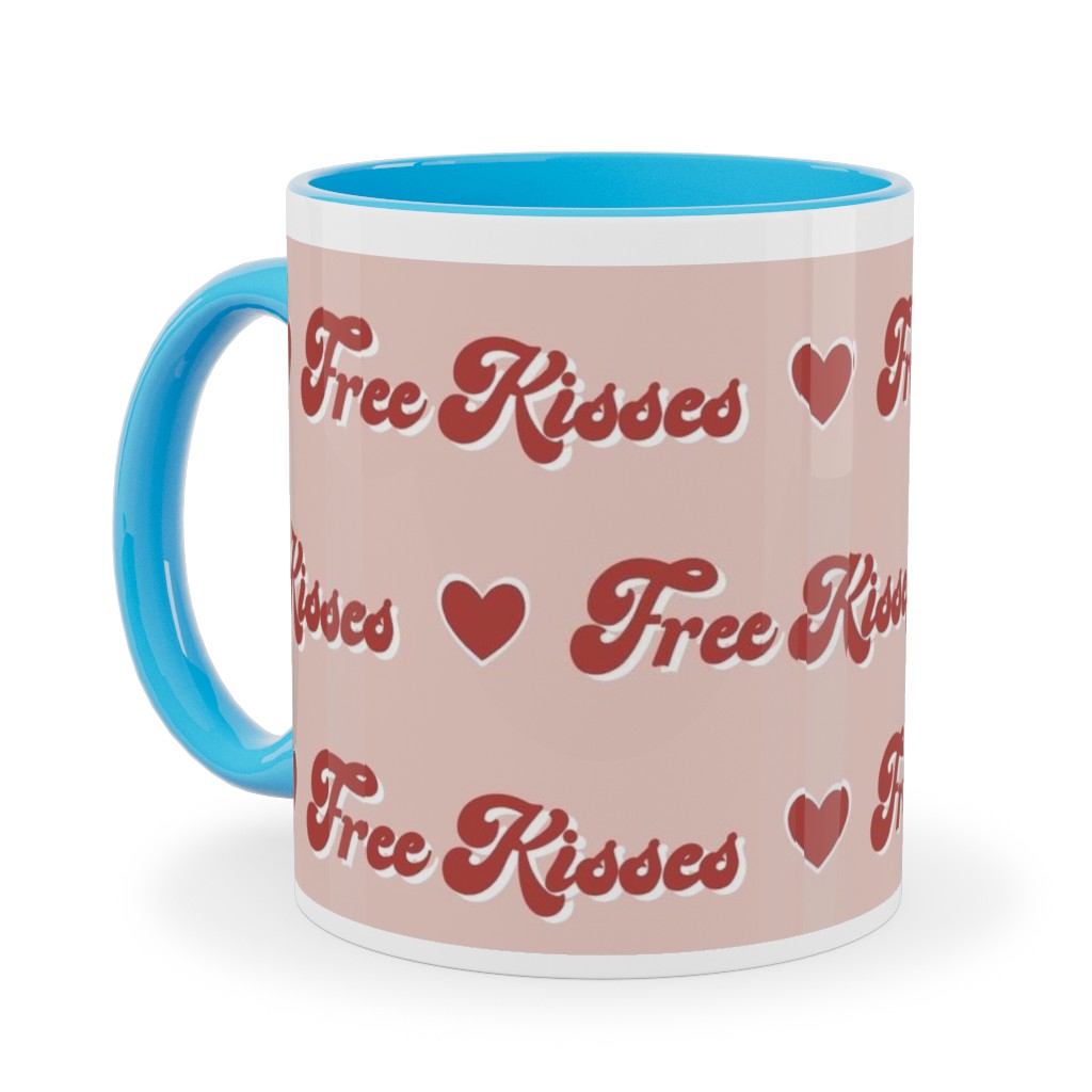 Free Kisses - Retro Hearts - Red on Pink Ceramic Mug, Light Blue,  , 11oz, Pink