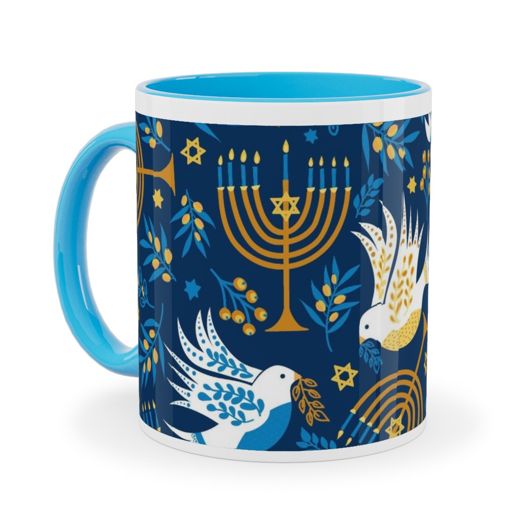 Hanukkah Birds and Menorahs - Dark Blue Ceramic Mug, Light Blue, , 11oz, Blue, True Blue