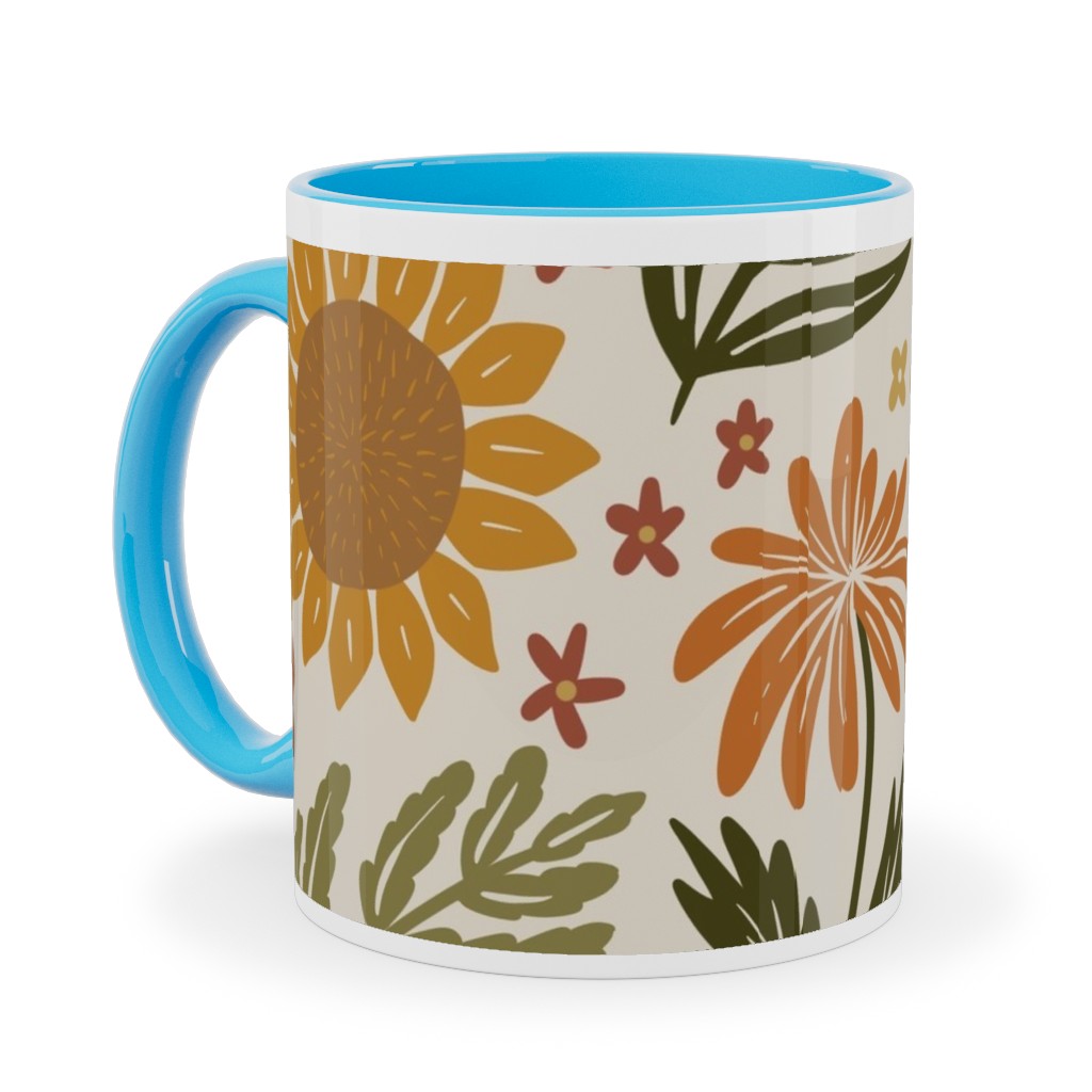 Autumn Botanicals - Leaves, Acorns, Sunflowers, Ferns, Mums, Pinecones, Mushrooms - Light Ceramic Mug, Light Blue, , 11oz, Multicolor