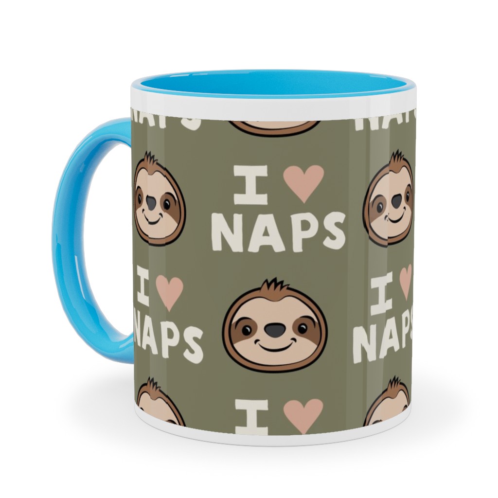I Heart Naps - Cute Sloths - Olive Green Ceramic Mug, Light Blue, , 11oz, Green, Classic Green