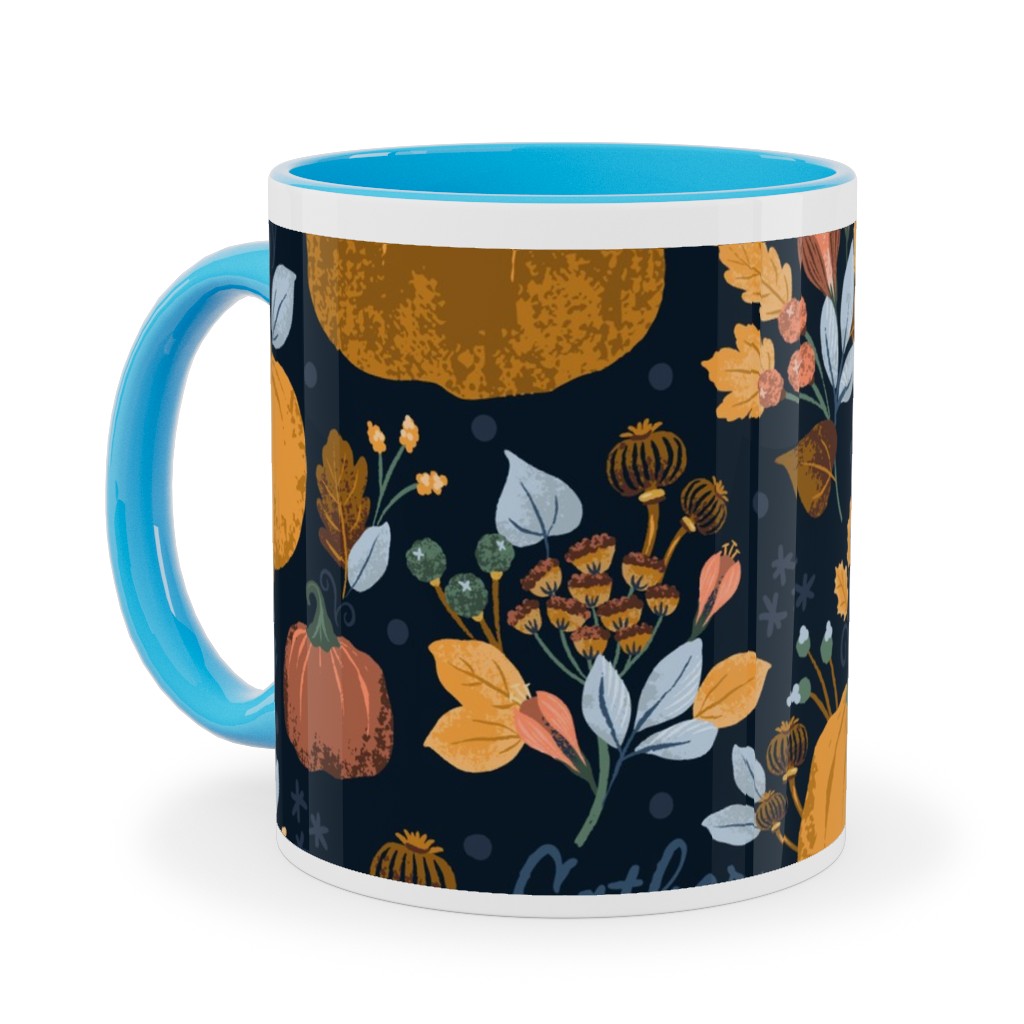 Smaller Scale Elegant Navy Fall Floral - Harvest Gratitude + Cozy Petal Solids Ceramic Mug, Light Blue, , 11oz, Orange, Orange