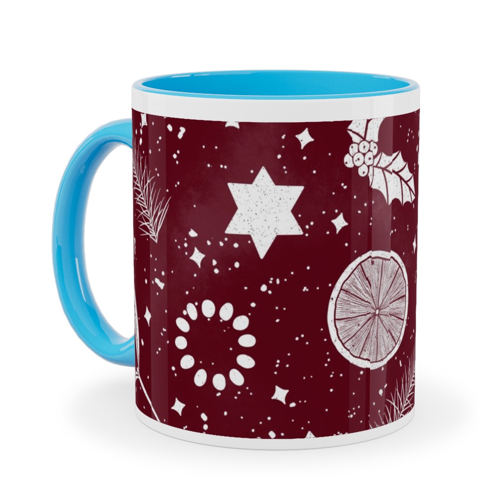 Festive Christmas Print Stars, Mistletoe, Orange, Holly and Pine Branch on Burgundy Ceramic Mug, Light Blue,  , 11oz, Red