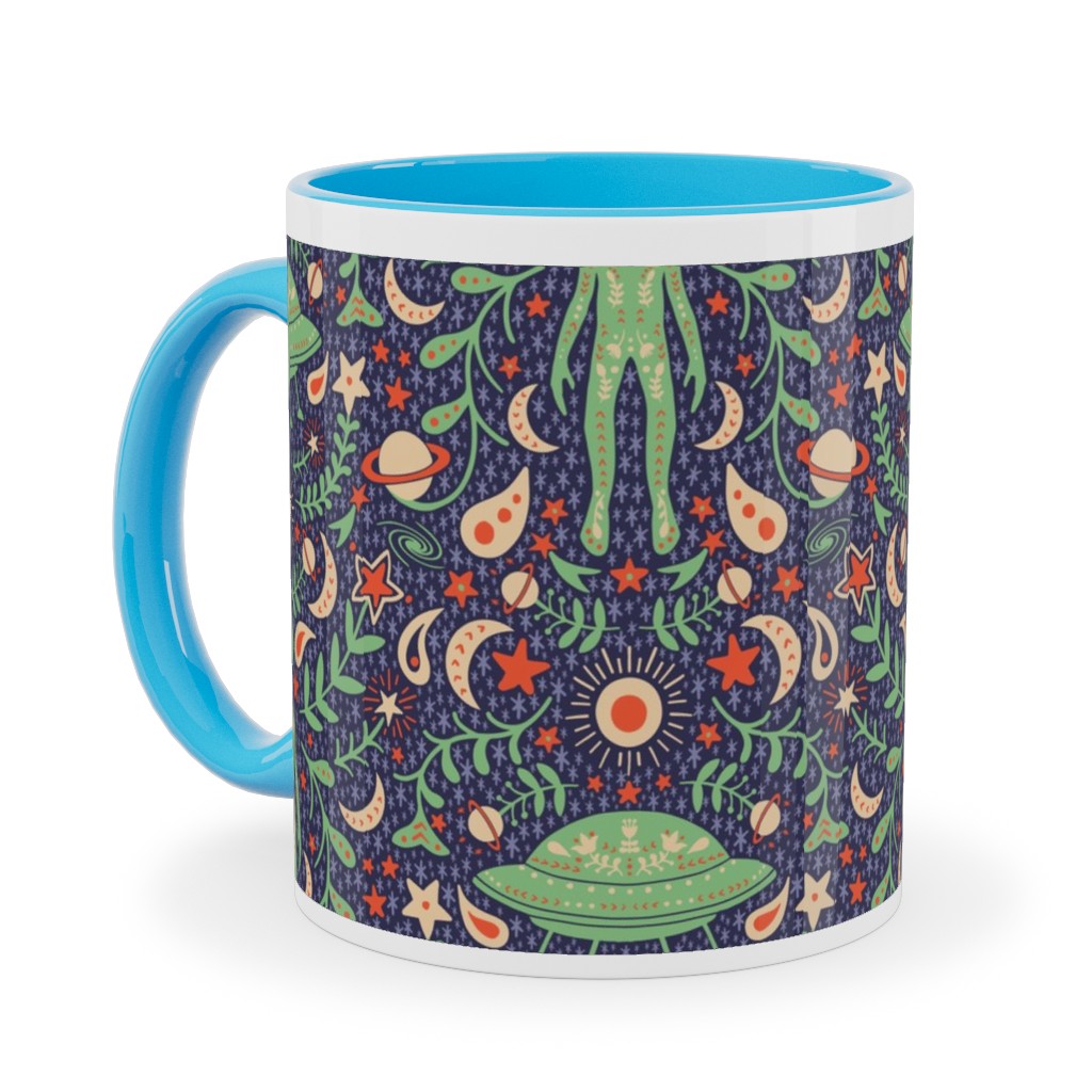 Folk Art Alien Ceramic Mug, Light Blue,  , 11oz, Multicolor