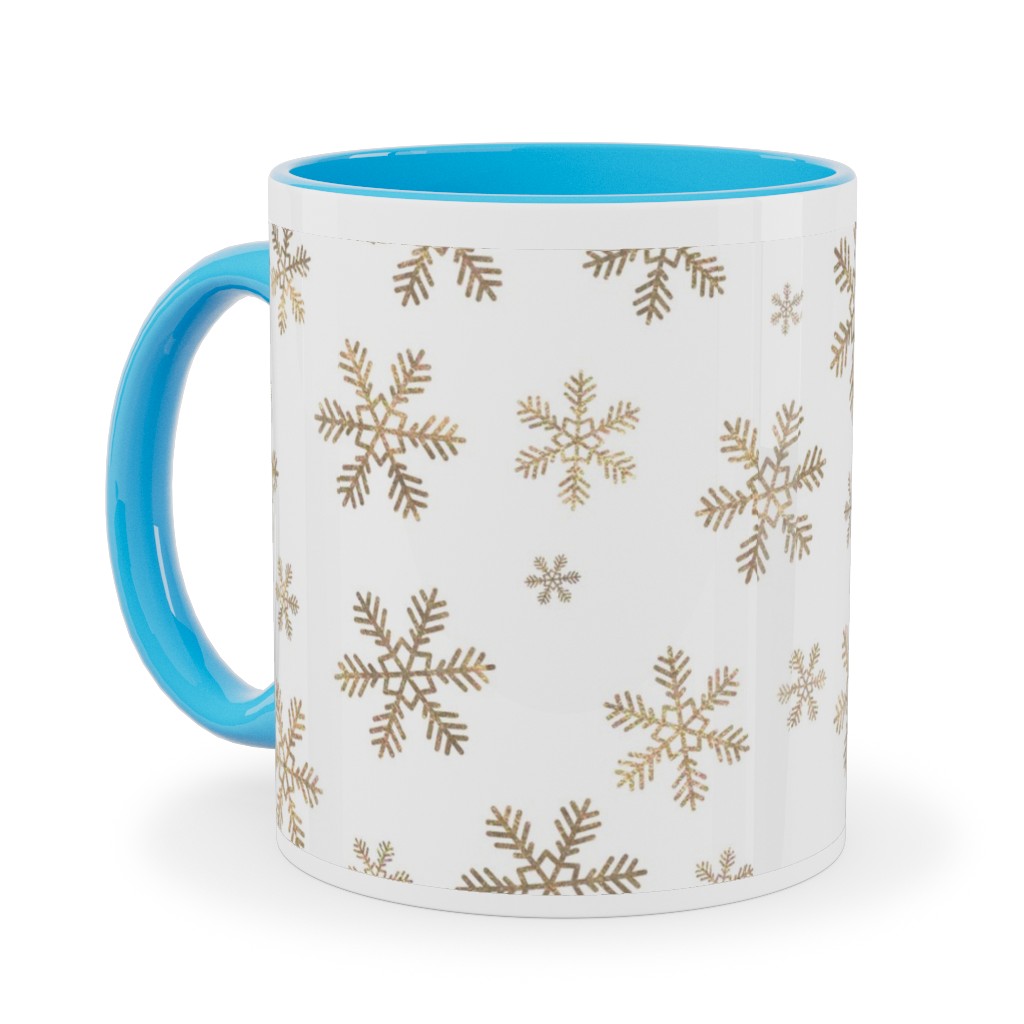 Holiday Snowflakes - Gold Ceramic Mug, Light Blue, , 11oz, Yellow