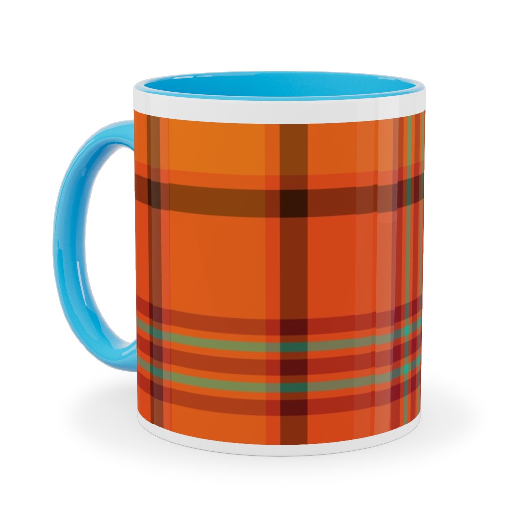 Orange With Black Plaid Ceramic Mug, Light Blue,  , 11oz, Orange