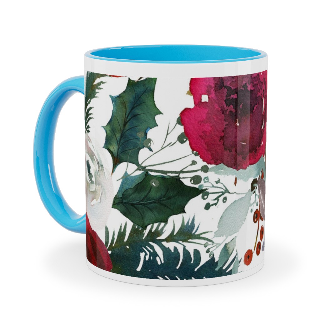 Holiday Florals Red on White Ceramic Mug, Light Blue,  , 11oz, Multicolor
