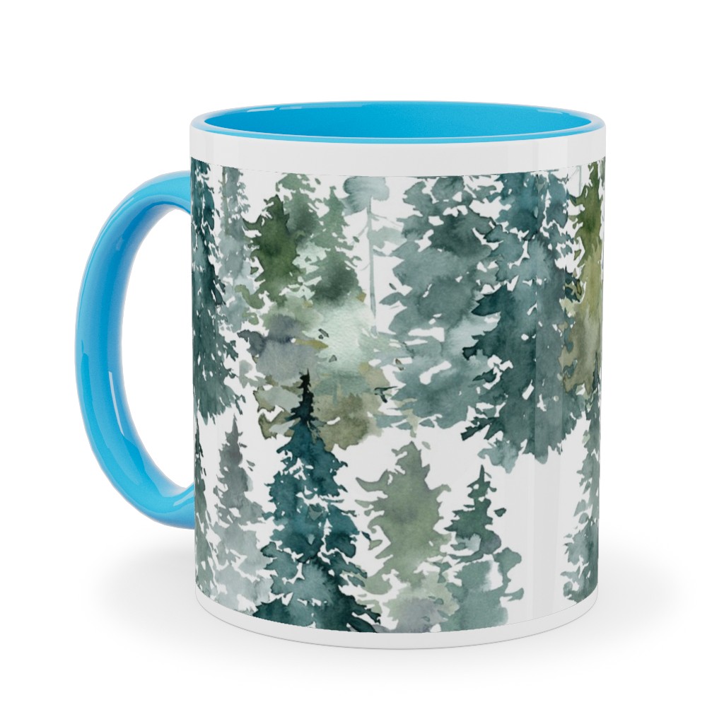 Woodland Trees Watercolor - White Ceramic Mug, Light Blue, , 11oz, Green, Classic Green