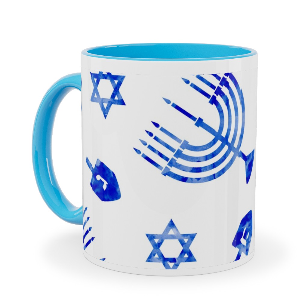 Watercolor Hanukkah Menorah, Dreidel, Star of David - Blue Ceramic Mug, Light Blue, , 11oz, Blue, True Blue