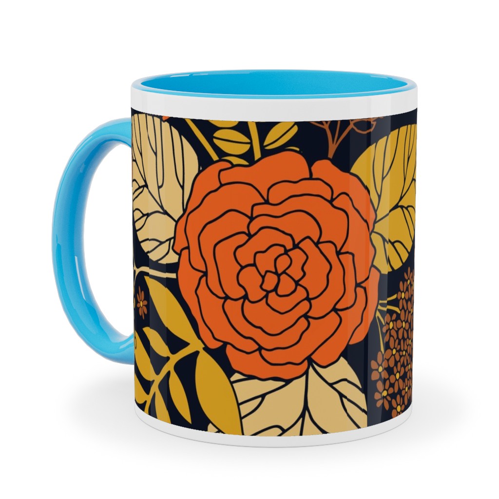 Retro Floral - Orange Brown and Yellow Ceramic Mug, Light Blue, , 11oz, Orange, Orange