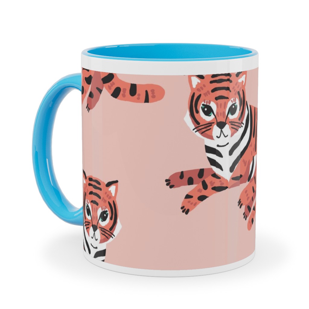 Jungle Tigers - Blush and Coral Ceramic Mug, Light Blue, , 11oz, Pink, Bright Pink