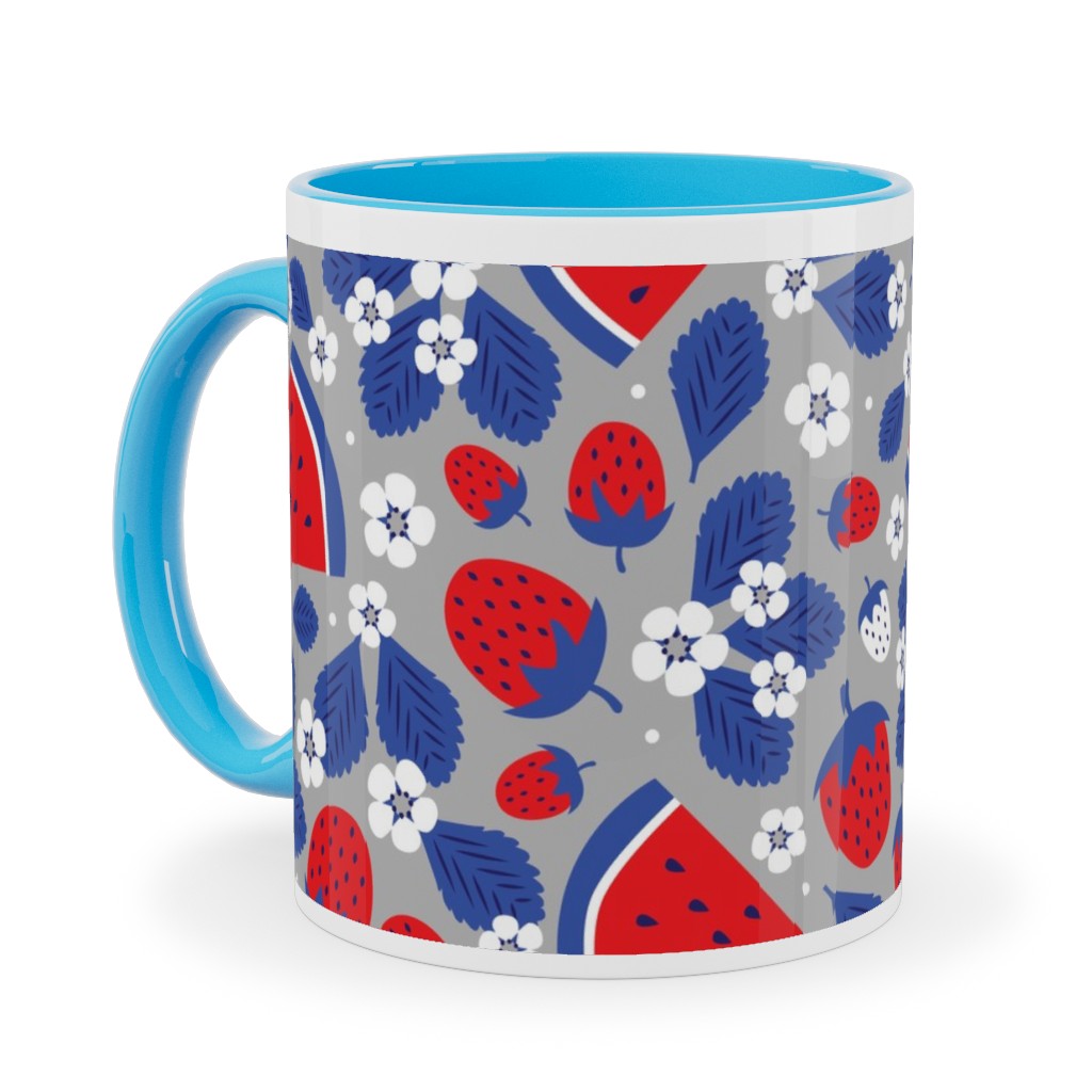 Summer Strawberries and Melons - Red, White and Blue Ceramic Mug, Light Blue,  , 11oz, Multicolor