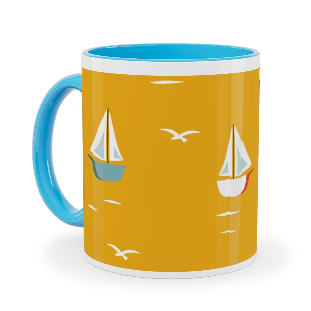 Sailboats Ceramic Mug, Light Blue,  , 11oz, Yellow