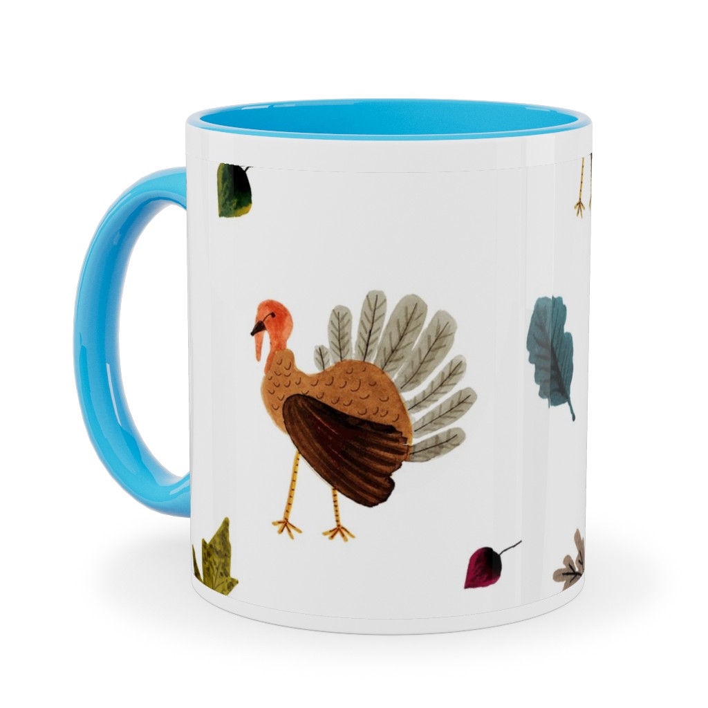 Fall Thanksgiving Turkeys on White Ceramic Mug, Light Blue,  , 11oz, White