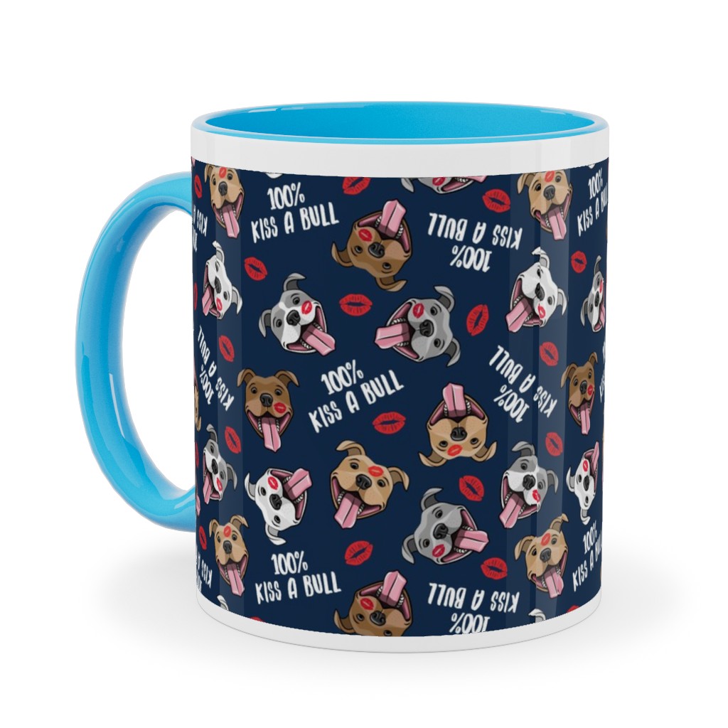 100% Kiss a Bull - Cute Pit Bull Dog - Red and Blue Ceramic Mug, Light Blue, , 11oz, Blue, True Blue