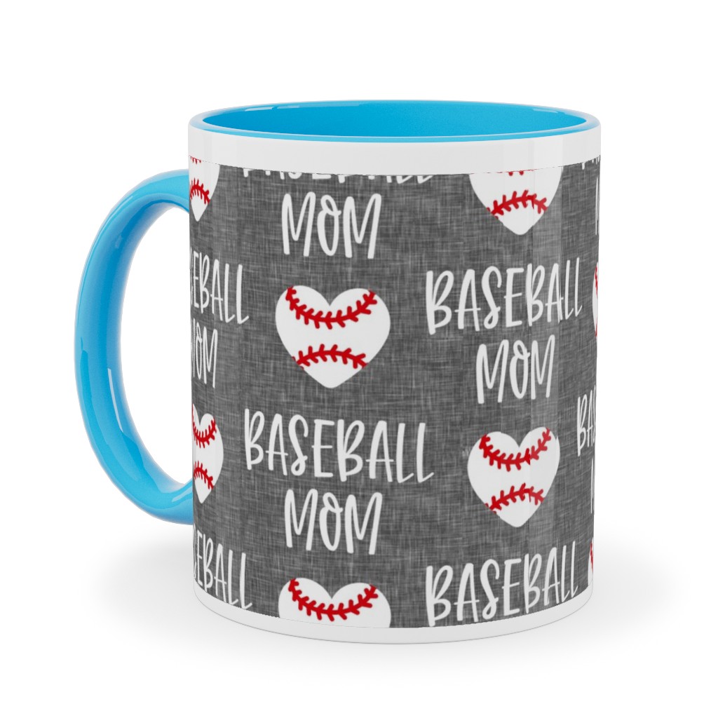 Baseball Mom - Baseball Heart - White on Grey Ceramic Mug, Light Blue, , 11oz, Gray, Gray
