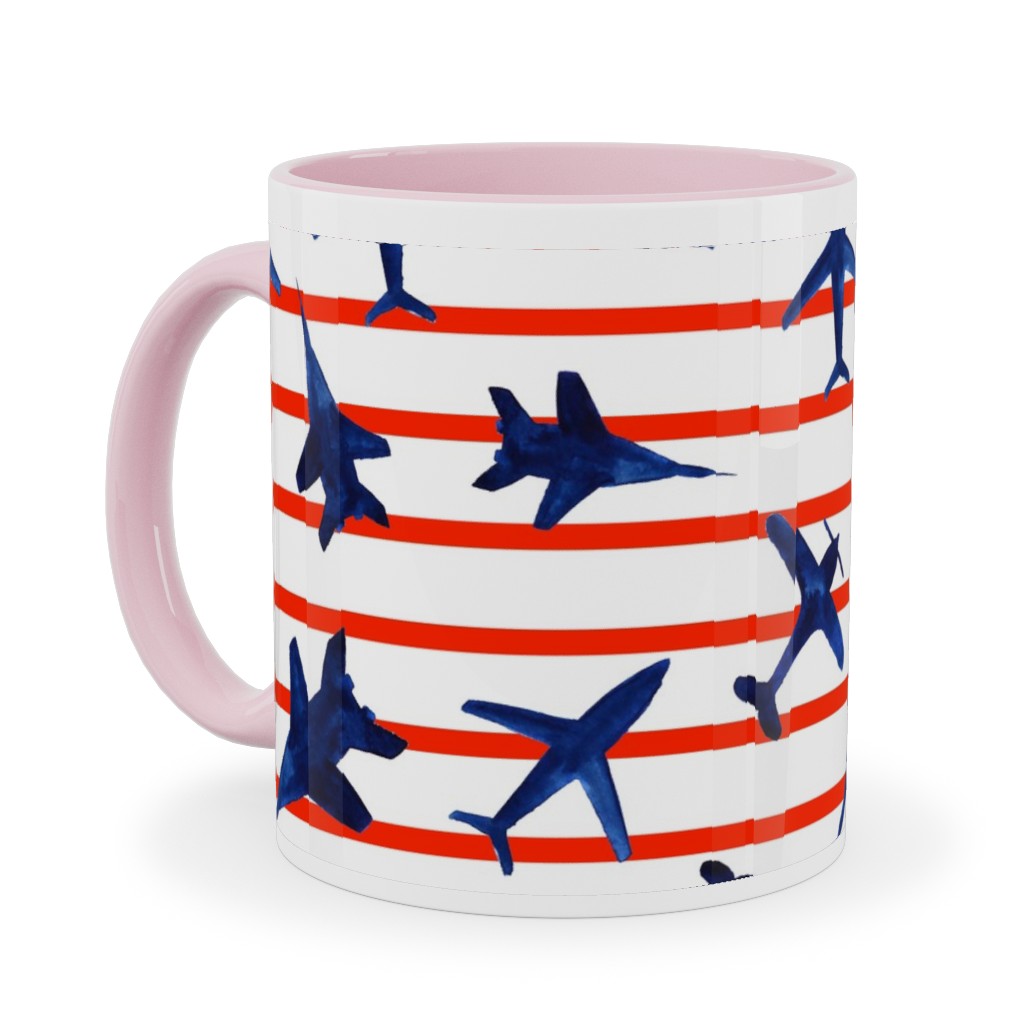 Patriotic Airplanes Watercolor - Blue With Red Stripes Ceramic Mug, Pink,  , 11oz, Blue