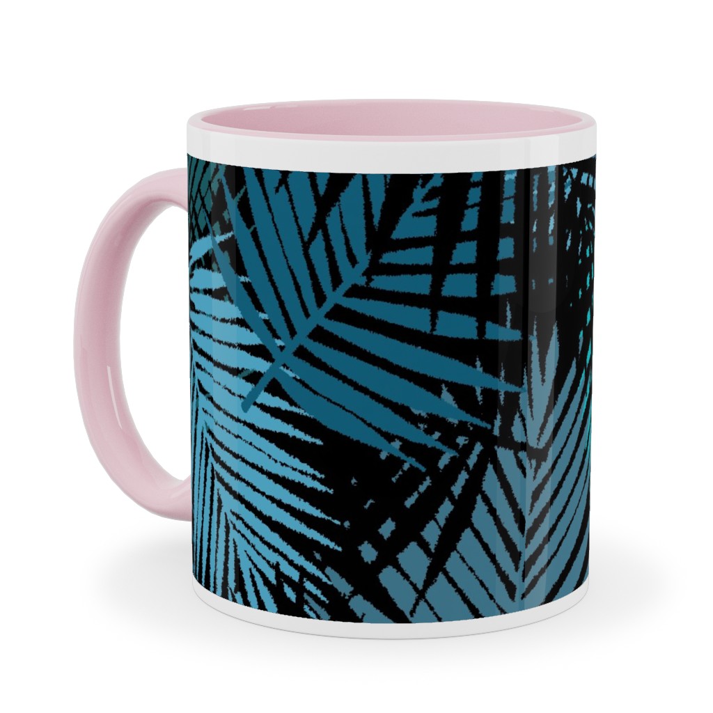 Tropical Leaves - Blue and Green Ceramic Mug, Pink, , 11oz, Blue, True Blue