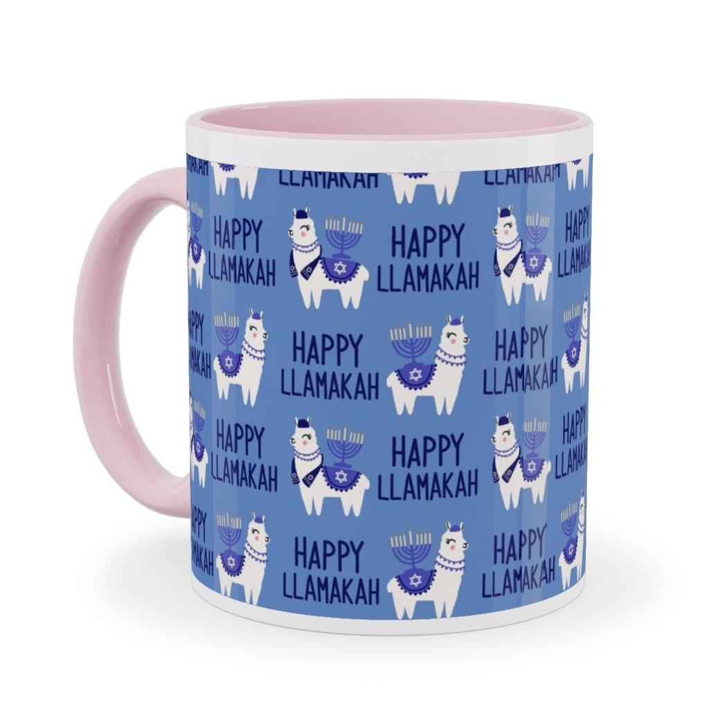 Happy Llamakah - Blue Ceramic Mug, Pink, , 11oz, Blue, True Blue