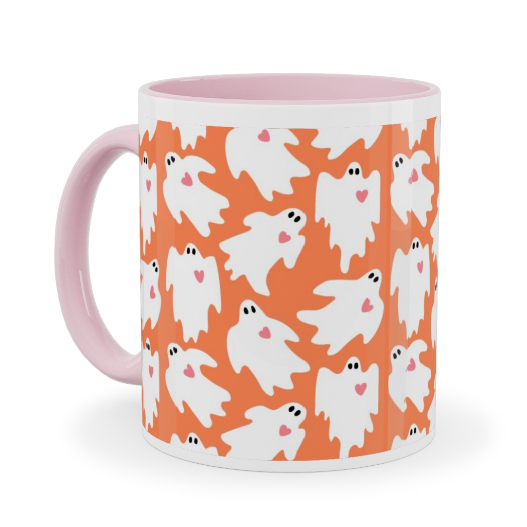 Halloween Ghosts With Hearts on Black Ceramic Mug, Pink, , 11oz, Orange, Orange