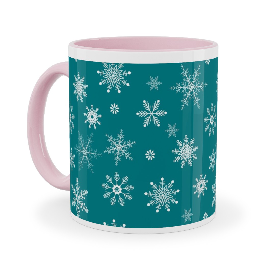 Snowflakes on Emerald Ceramic Mug, Pink,  , 11oz, Green