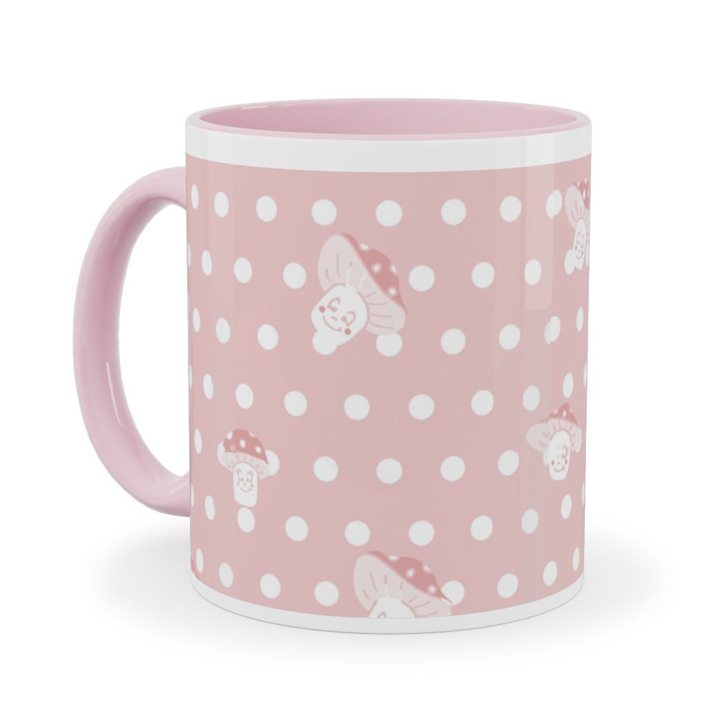 Mushroom and Dots - Pink Ceramic Mug, Pink,  , 11oz, Pink