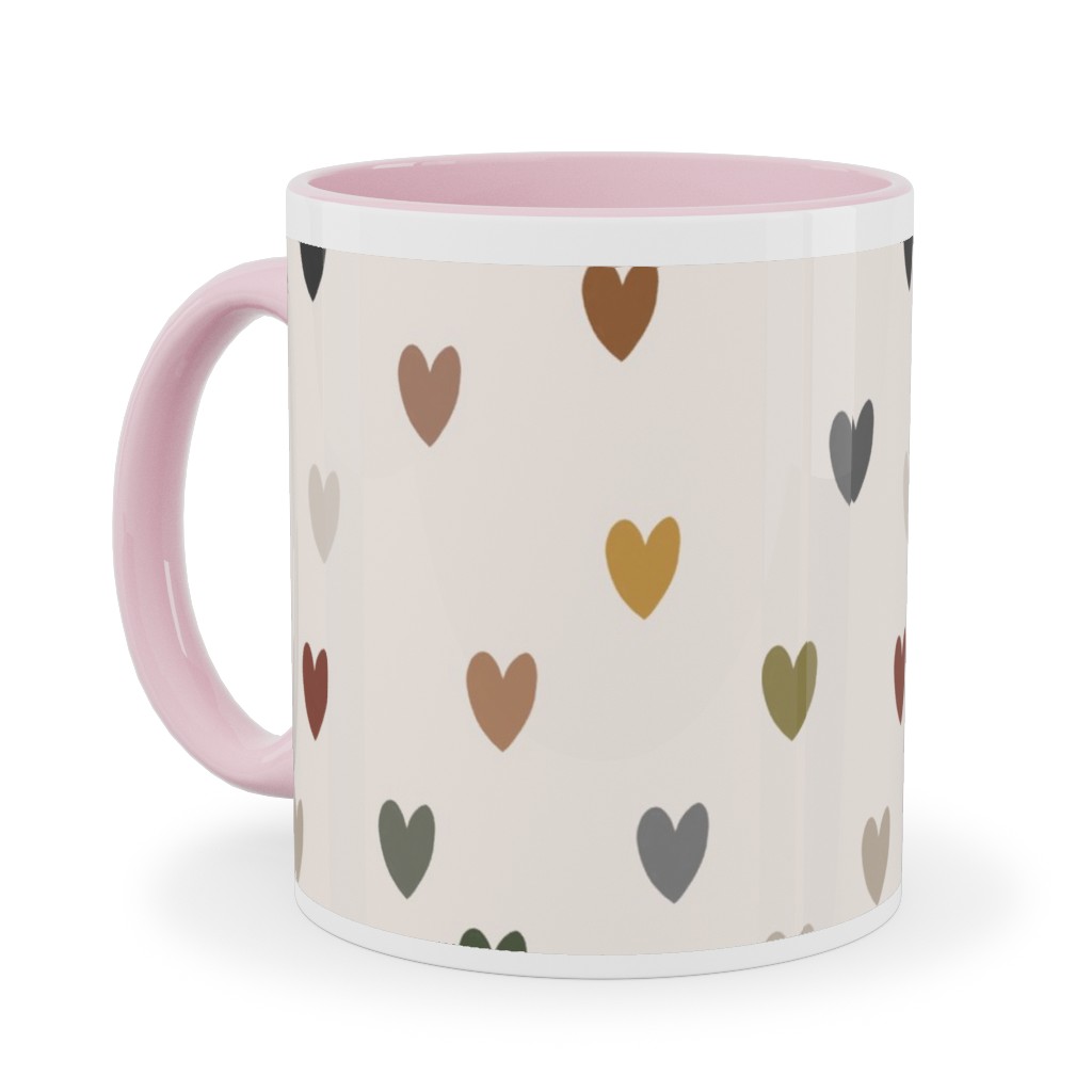 Earthy Colored Hearts - Multi Muted Ceramic Mug, Pink, , 11oz, Beige, Pearl