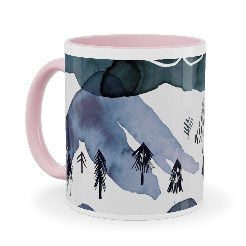 Watercolor Mountains Landscape - Blue Ceramic Mug, Pink, , 11oz, Blue, True Blue